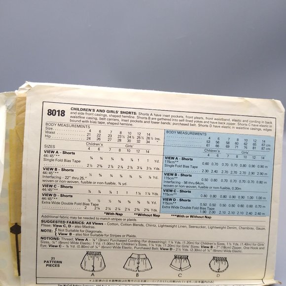 Vintage Sewing PATTERN McCalls 8018, Girls 1985 Shorts, Child Size 4 - Picture 2 of 2